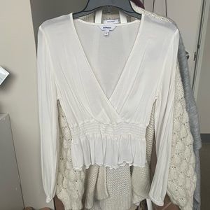 Express Cream Long-Sleeve Surplice Peplum Blouse